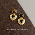 Gold Tiger Eye Stud Ribbed Heart Black Stone Drop Earrings view 4
