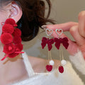 Red Velvet Bow and Pom Pom Earrings in Two Drop Styles view 2