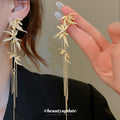 Bamboo Leaf Extra Long Chain Tassel Earrings in Two Tones view 3