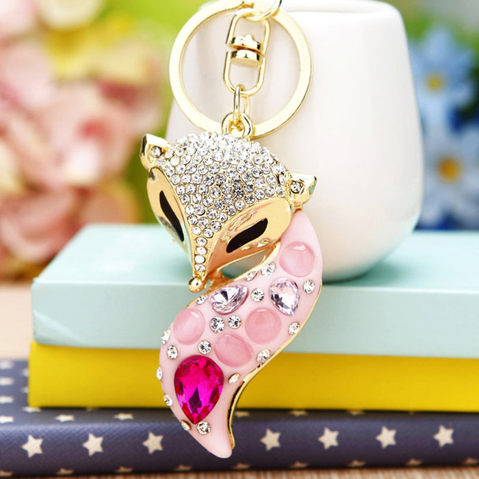 Jeweled Fox Keychain with Pink and Aqua Cabochon Tail