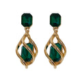 Gold Twisted Green Crystal Drop Earrings Polished Metal Jewelry view 5