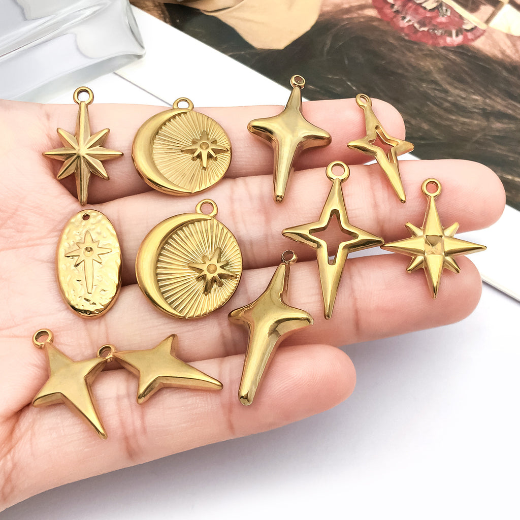 Stainless Steel Hollow Cross Four Point Star Charm Pendant for DIY Necklace Bracelet