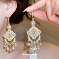 Ornate Gold Tone Chandelier Earrings with Clear Crystal Drops view 1
