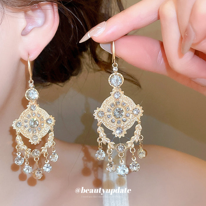 Ornate Gold Tone Chandelier Earrings with Clear Crystal Drops