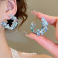 Purple And Blue Stone Chip Pearl Hoop Stud Earrings view 3