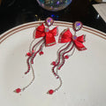 Red and White Bow Feather Tassel Statement Earrings view 7