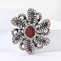 Antique Tone Floral Brooch with Red Center Stone Decorative Metal Pin view 2