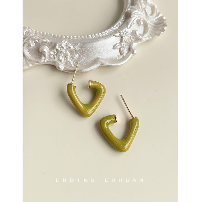 Avocado Green Enamel Geometric Open C Stud Earrings