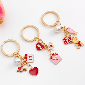 Valentine Charm Cluster Keychain with Enamel Hearts and Pearl Accent