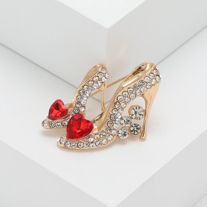 Crystal High Heel Red Heart Brooch Rose Gold Tone Style