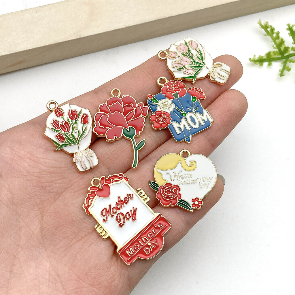 Zinc Alloy Carnation Lily Rose Bouquet Enamel Charm Pendant for DIY Mother's Day Jewelry