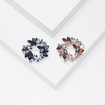 Round Crystal Leaf Wreath Brooch in Blue or Multicolor