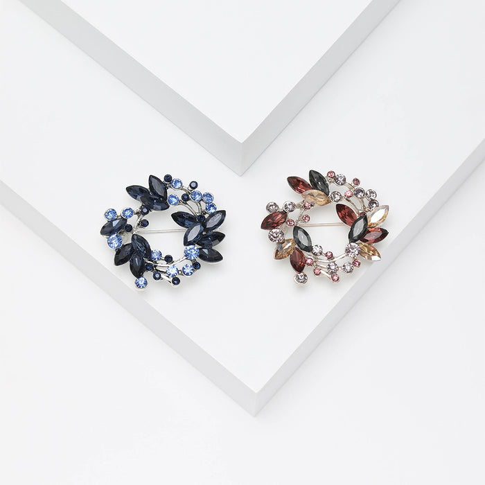 Round Crystal Leaf Wreath Brooch in Blue or Multicolor
