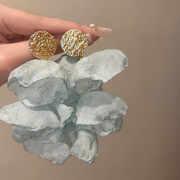 Sheer Fabric Flower Drop Earrings in Yellow Purple and Blue