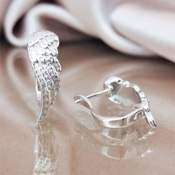 Silver Angel Wing Textured Huggie Hoop Earrings Pair
