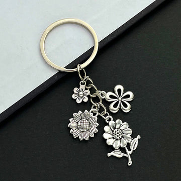 Antique Silver Sunflower and Cherry Blossom Charm Keychain