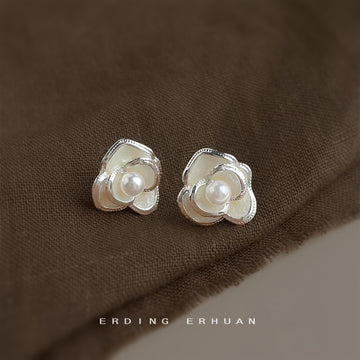 Silver Camellia Flower Stud Earrings Cream Petal Pearl