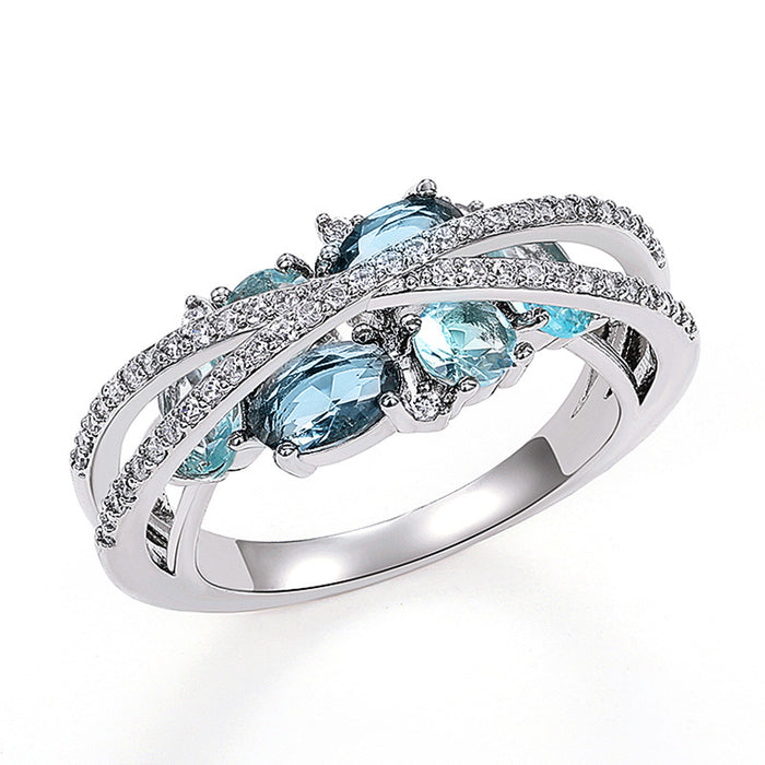 Aqua Mixed-Cut Crisscross Wide Ring In Polished Silver Tone