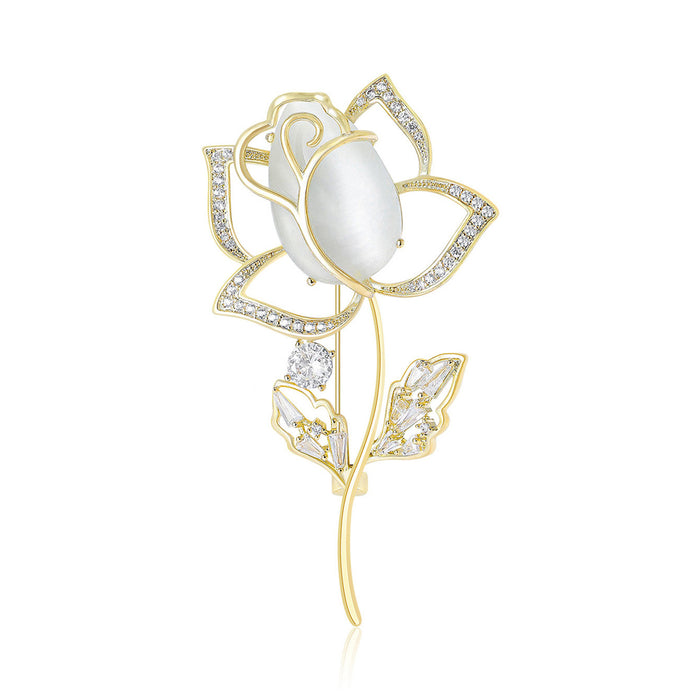 White Cabochon Rose Stem Brooch in 2 Color Styles Metal Pin