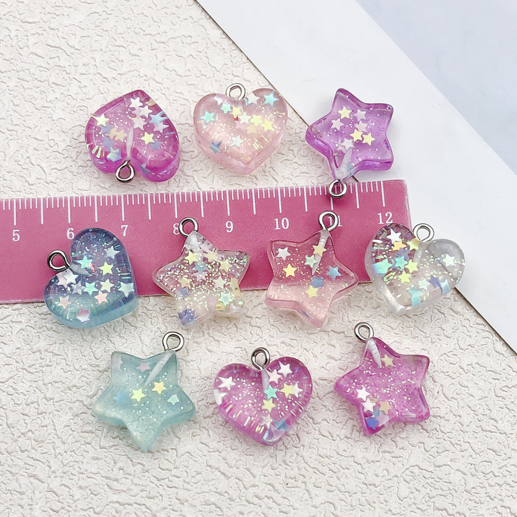 Resin Transparent Glitter Heart Five Point Star Charm Pendants for DIY Phone Strap Jewelry