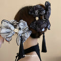 Ink Print Mesh Bow Hair Claw With Long Black Tassel In Two Colors view 1