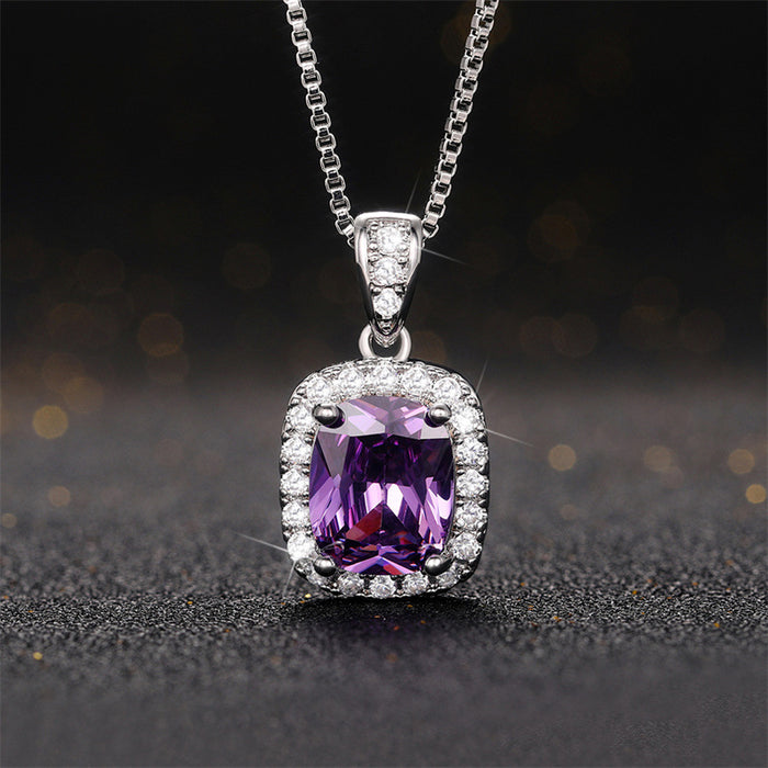 Cushion Halo Pendant Necklace In Four Center Stone Colors
