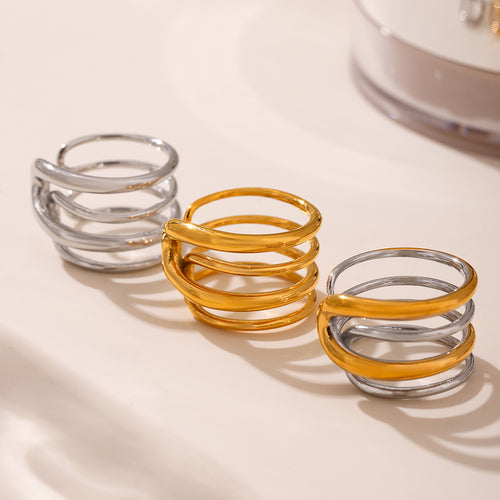 Steel gold and two-tone wavy multi-band open rings upright