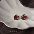 Wine Red Enamel Camellia Flower Stud Earrings Gold Tone Rim view 4