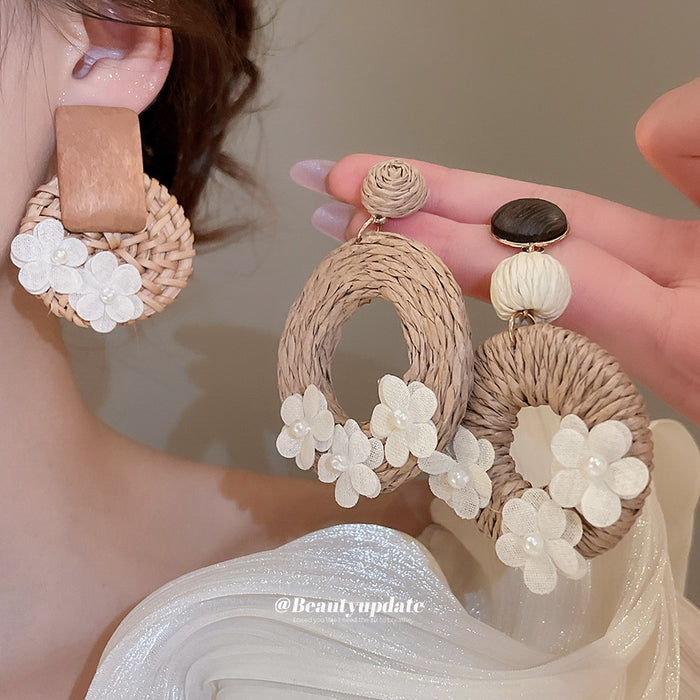 Brown Woven Floral Hoop Statement Earrings Fashion Jewelry for Women