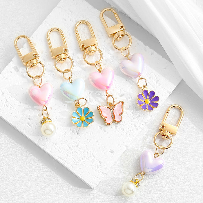 Ombre Heart Bead Keychain with Butterfly Flower or Pearl Charm