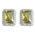 Silver Tone Olive Green Rectangle Stone Clear Halo Stud Earrings view 5