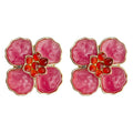 Pink Enamel Four Petal Flower Stud Earrings Red Center view 5