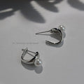 Silver Geometric Huggie Hoop Earrings White Pearl Accent view 1