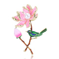 Lotus and Bird Enamel Brooch with Pearl Accent Decorative Metal Pin view 1