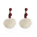 Red Stud White Fur Pom Pom Drop Earrings Pair Style view 5