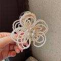 White Pearl Beaded Flower Hair Claw Clip With Clear Base view 6