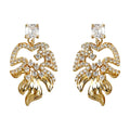 Gold Openwork Leaf Zircon Drop Earrings Pair Jewelry view 5