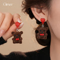 Brown Flocked Teddy Bear Red Heart Studs and Necklace view 1