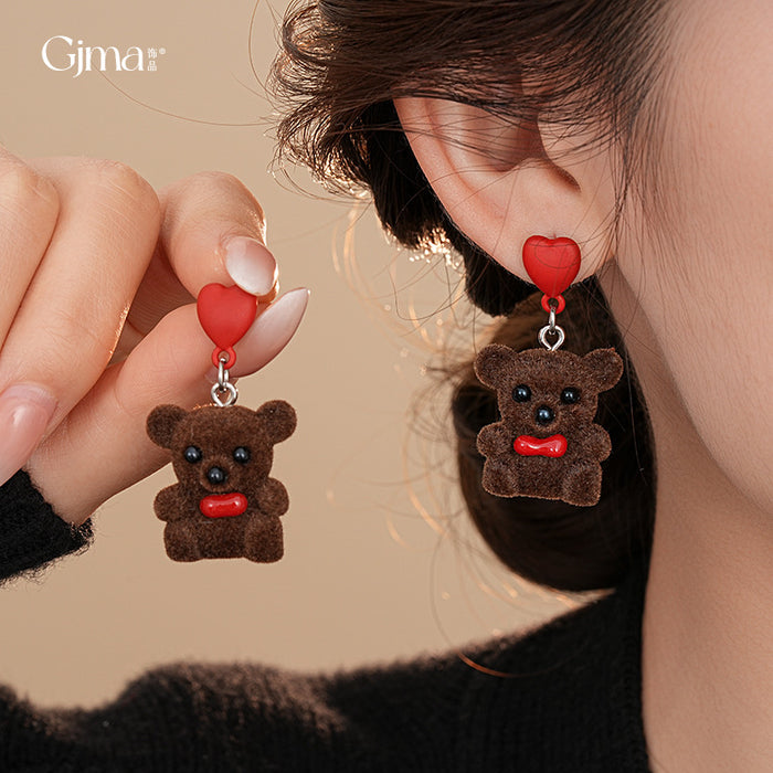 Brown Flocked Teddy Bear Red Heart Studs and Necklace