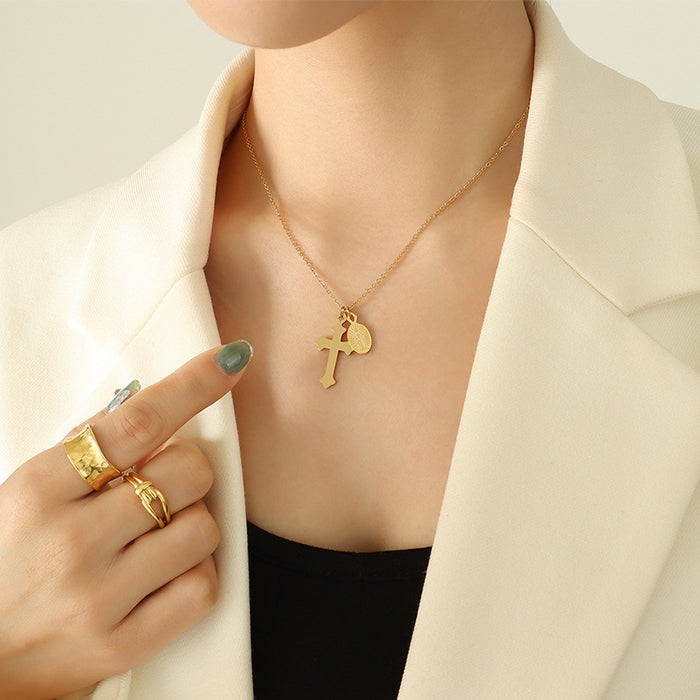 Cross and Oval Medal Pendant Necklace Gold Steel Tones