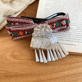 Ethnic Embroidered Bow Hair Clips Silver Filigree Tassels view 2