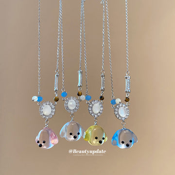 Playful Dog and Crystal Flower Pendant Necklaces Fashion Jewelry