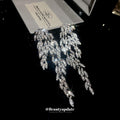 Silver Tone Crystal Leaf Chandelier Earrings With Long Fringe view 4