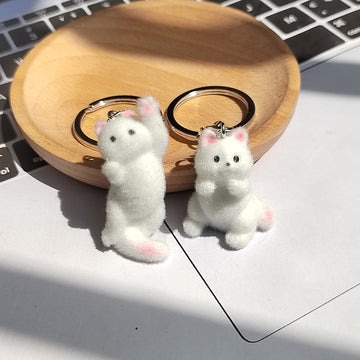 White Flocked Cat Plush Keychains Standing Sitting 2 Poses