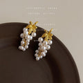 Gold Matte Grape Leaf Pearl Cluster Drop Earrings Pair view 3