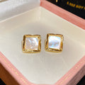 Gold Tone Mother of Pearl Stud Earrings in Round and Square Shapes view 7