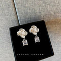 Silver Camellia Pearl Square Crystal Drop Stud Earrings view 4