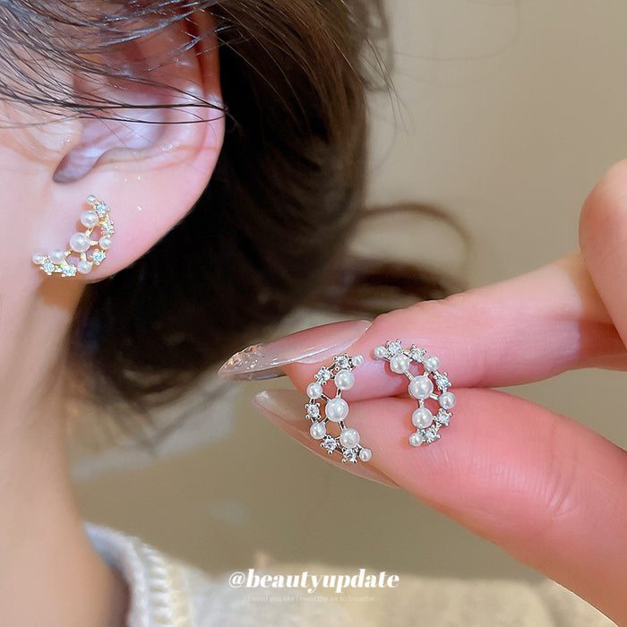 Crystal Crescent Stud Earrings With Pearl Accents In Two Tones