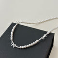 White Pearl Bead Choker Necklace Silver Bow Accents view 2