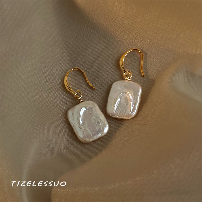 Gold Hook Square Baroque Pearl Drop Earrings Iridescent